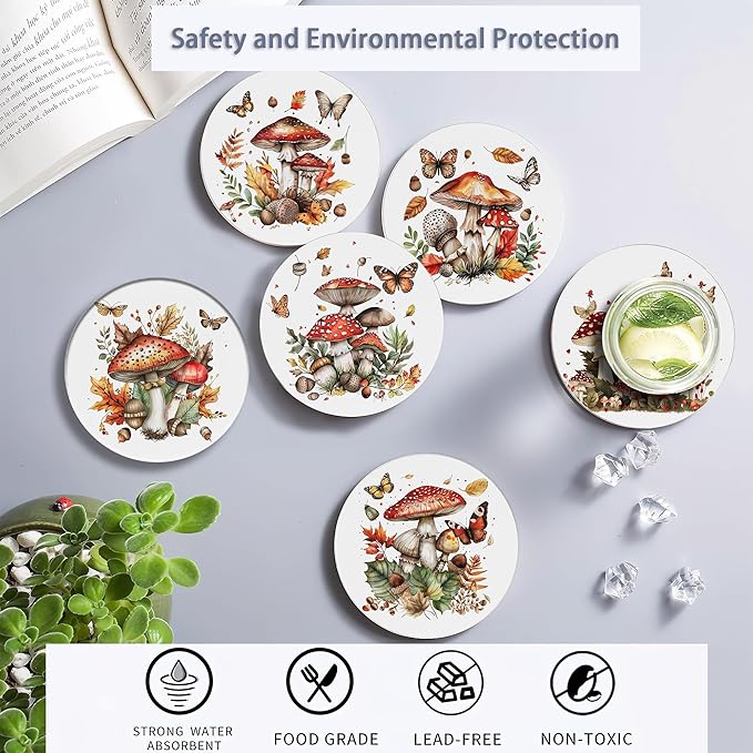 Drink Coasters Set of 6 with Holder, Mushroom Butterfly Absorbent Ceramic Drink Coaster for Tabletop Protection,Suitable for Kinds of Cups,Drinks Coasters for Home Office Decoration(4 Inches)