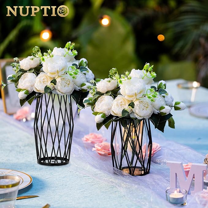 Nuptio Black Pillar Candle Holders - Glass Candles Holder with Geometric Metal Rack Stand for Wedding Birthday Party Centerpieces - Flower Vase Small Hurricane Vases for Office Living Room
