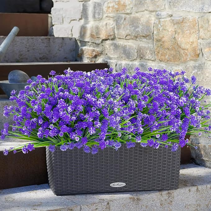 Ouddy Decor 24 Bundles Artificial Flowers for Outdoors UV Resistant Fake Plastic Plants Faux Boston Fern Greenery Stems for Spring Summer Indoor Garden Patio Window Box Kitchen Home Decor, Purple