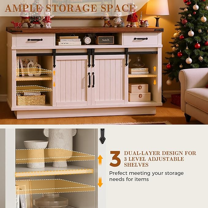 59'' Fireplace TV Stand with 3D Flame Electric Fireplace Heater, 34'' Tall Farmhouse TV Stand for 65 Inch TV, Entertainment Center TV Console with 2 Drawers, Sliding Barn Door for Living Room - White