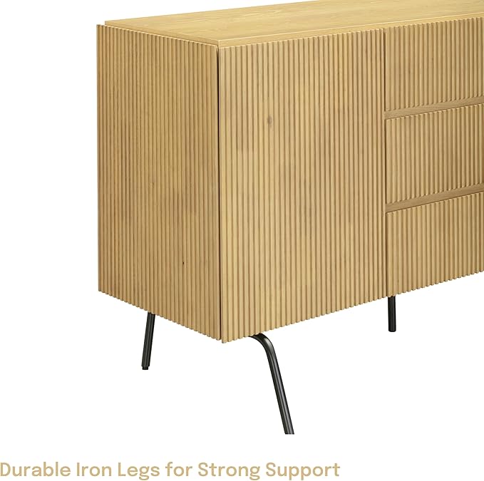 NTC Veil Sideboard with 2 Doors and 3 Drawers, Buffet Cabinet with Vertical Groove Design and Metal Legs, Storage Cabinet for Living Room, and Entryway, Effortless Assembly, Sand