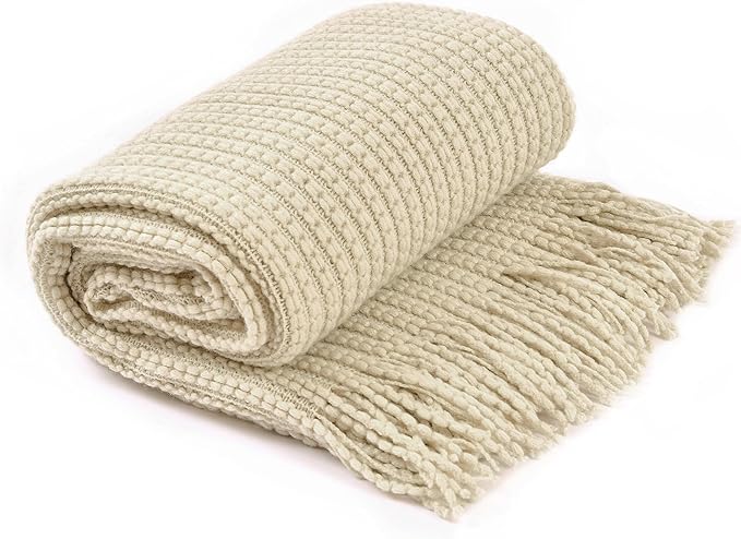 Blagic Knitted Throw Blanket for Couch,Soft Farmhouse Boho Fall Throw Blanket with Tassels,Home Decorative Lightweight Throw Blankets,Beige Throws for Bed/Chair/Sofa, 60" W x 80" L