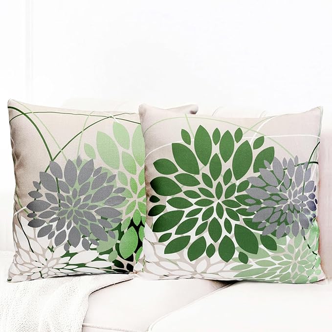 Sage Green Decorative Throw Pillow Covers 16x16 Inch Pillow Covers for Couch Living Room Bedroom Outdoor.Modern Sofa Throw Pillow Cover.Farmhouse Geometric Floral Linen Square Pillow Case.Set of 2