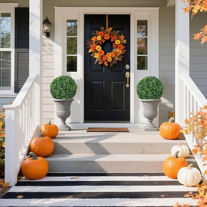 25.6'' Artificial Plants Outdoor with Spike, UV Resistant Boxwood Topiary Ball Fake Plants, Outdoor Faux Plants for Balcony Yard Garden Entryway Front Door Decor Home Decor Porch Decor, 2 Pack