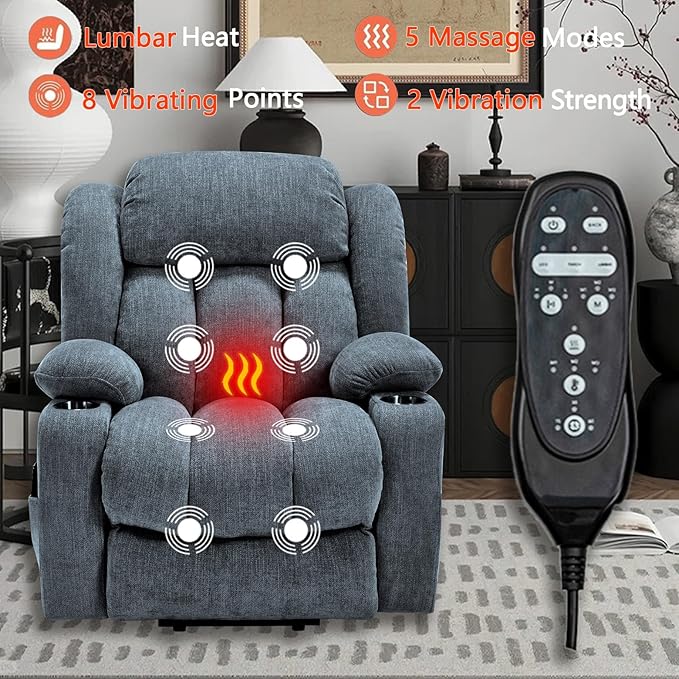 Power Lift Recliner Chair, 350lb Capacity with 8-Point Massage & Heating, USB/Type-C Ports & Cup Holders, Heavy Duty Chenille Recliner for Elderly, Blue Grey