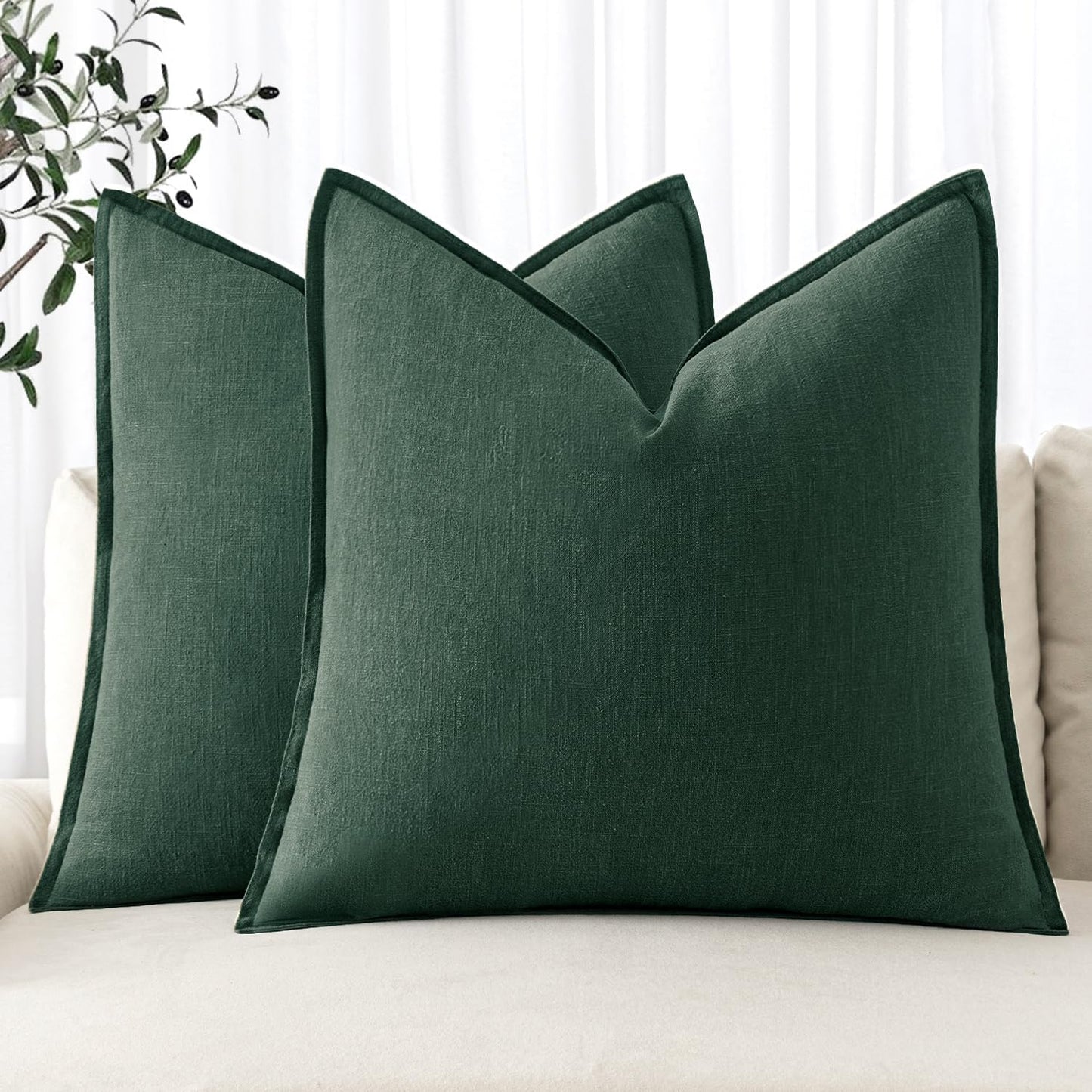 MIULEE Decorative Linen Euro Sham Pillow Covers 26x26 Dark Green Boho Farmhouse Neutral Couch Throw Pillows for Bed Pack of 2 Accent Modern Pillowcase Sofa Livingroom Home Decor