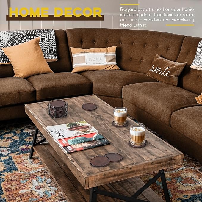 Wood Coasters with Holder, GOH DODD Set of 8 Walnut Wooden Coaster Tabletop Protection for Drinks Coffee Table Home Kitchen Office Bar Living Room Decor Housewarming Gifts Wedding Party, 4 Inch
