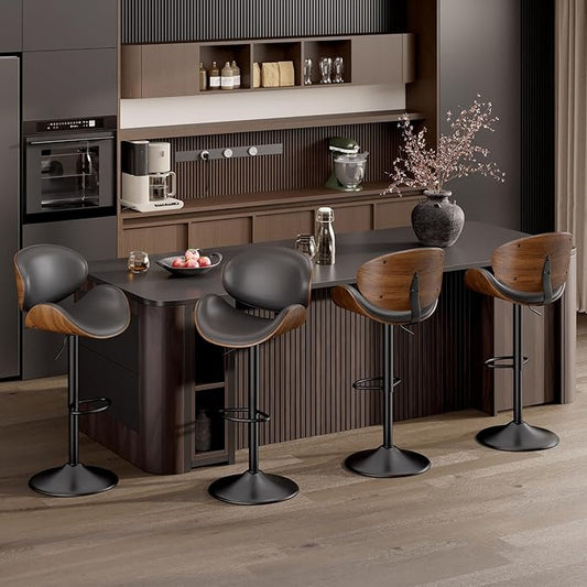 Swivel Bar Stools Set of 4, Seat Adjustable Height 23.5-32.5IN Bentwood Barstools with Back & Footrest, PU Leather Upholstered Counter Height Bar Chairs for Bar Kitchen, Grey&Brown