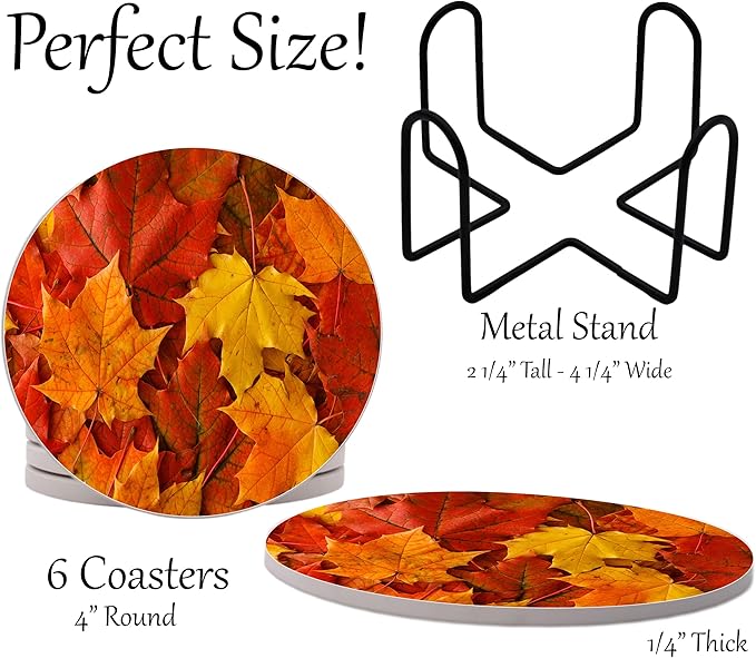 Fall Season Leaves Round Coasters Set of 6 - Abosrbent Ceramic Coasters with Metal Stand for Drinks, Coffee, Non-Slip Cork Back for Tabletop Protection, 4 Inches (Leaves)