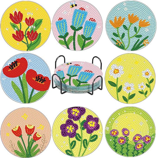 8 PCS Simple Floral Diamond Art Coasters Kits, Diamond Painting Coasters with Holder Set of 8, DIY Drink Coasters Art Crafts Supplies for Adults Cup Mat for Home Decor House Warming Gifts 3.9inch