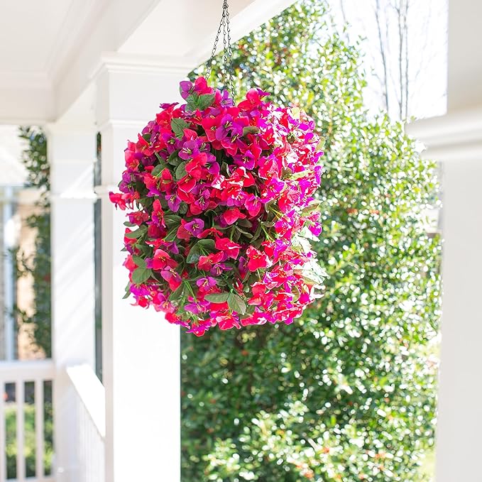 Artificial Bougainvillea Faux Flowers Plants Baskets for Outdoor Outside Decoration, 3PCS Fake Silk Flowers Long Trailing Vines UV Resistant Realistic for Front Door Porch Patio Balcony, PurpleHotpink