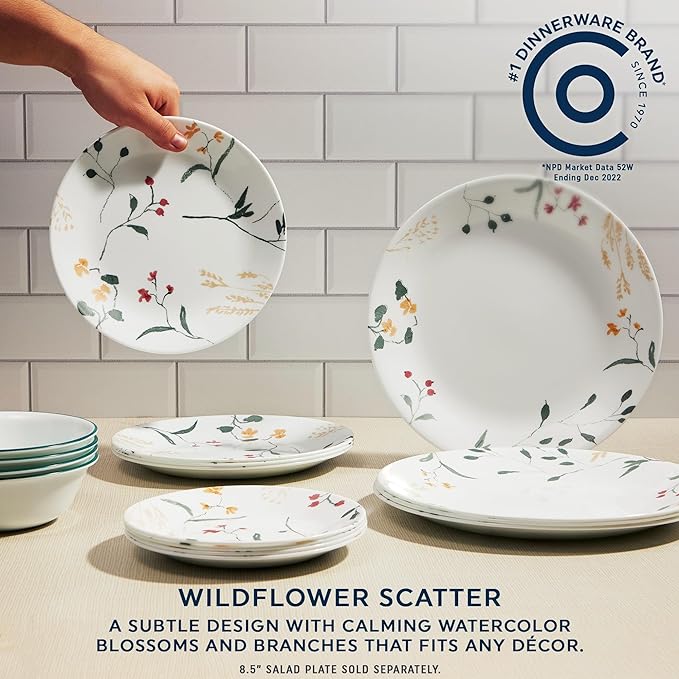 Corelle Vitrelle 18 Piece Glass Dinnerware Sets Service for 6, Triple Layer Chip & Crack Resistant Glass Plate and Bowl Sets, Wildflower