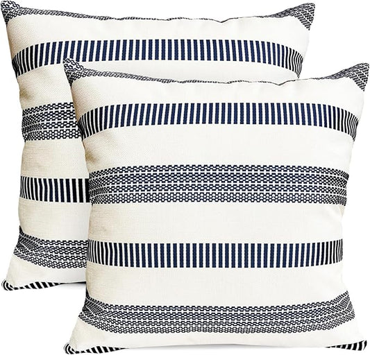 Decorative Throw Pillow Covers Set of 2 Blue Boho Striped Pillow Covers 16x16 Inch Throw Pillow Cover Linen Pillowcase Farmhouse Outdoor Pillow Covers for Couch Sofa Bed Living Room