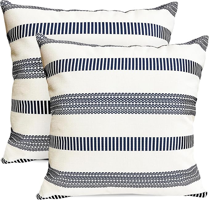 Decorative Throw Pillow Covers Set of 2 Blue Boho Striped Pillow Covers 20x20 Inch Throw Pillow Cover Linen Pillowcase Farmhouse Outdoor Pillow Covers for Couch Sofa Bed Living Room