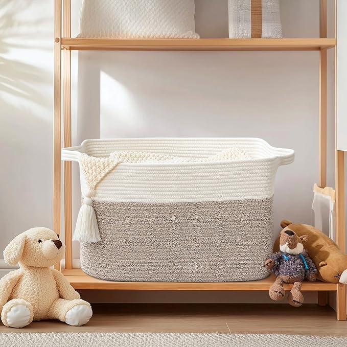 Large Blanket Basket, 60 L Rectangle Storage Baskets for Organizing, Woven Laundry Basket for Blankets, Cotton rope Blanket Storage for Living Room, Nursery Room, Brown