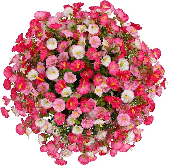 Artificial Hanging Faux Flowers Basket, Fake Silk Petunias Plants Arrangement,for Spring Summer Outdoor Decoration,UV Resistant, Morning Glorias,for Home Garden Decor (Dark Pink&White)
