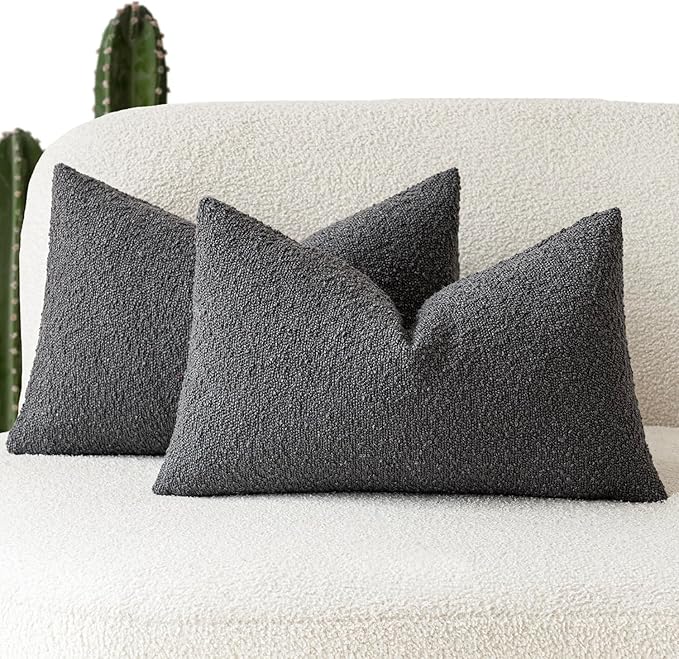 Foindtower Pack of 2 Textured Boucle Throw Pillow Covers Accent Solid Decorative Lumbar Pillow Cases Woven Couch Cushion Case for Sofa Living Room Home Decor, 12 x 20 Inch,Dark Grey