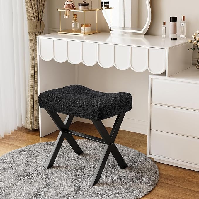 18-Inch Vanity Stool Chair, Vanity Bench with Metal X-Legs, Ottoman Accent Stool with Breathable and Soft Boucle Fabric Saddle Seat, Black