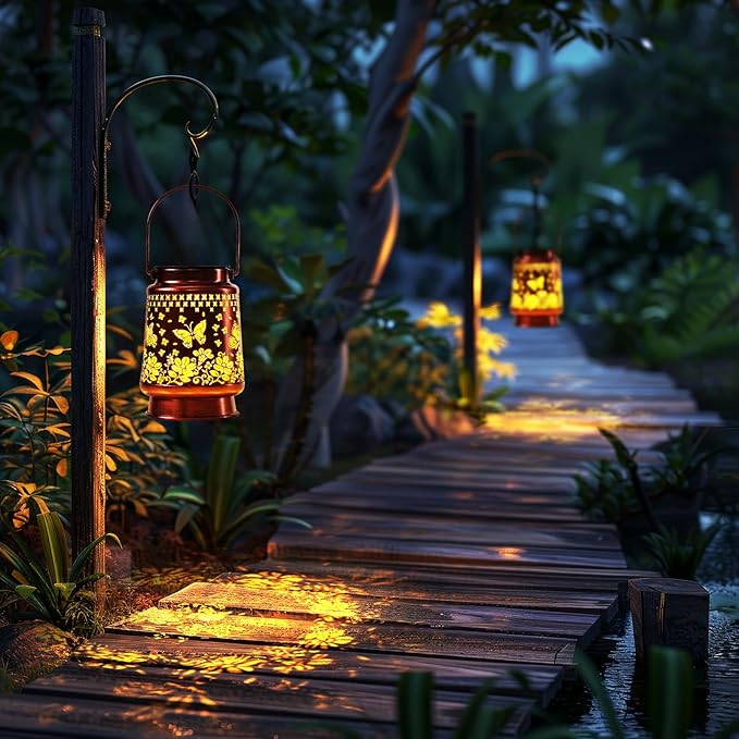 Homemory Solar Lanterns Butterfly Lights Outdoor Waterproof Garden Decor Women Gifts for Birthday, LED Hanging Solar Lights Metal Lantern Decoration Outside for Yard, Patio, Backyard, Porch, Lawn