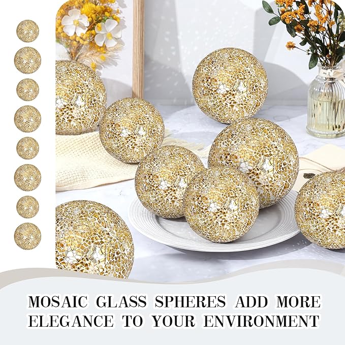 8 Pcs 3'' 4'' Decorative Ball for Centerpiece Bowls Glass Mosaic Sphere Decorative Orbs for Bowl Vase Fillers Christmas Wedding Party Dining Room Table Decor(Gold)