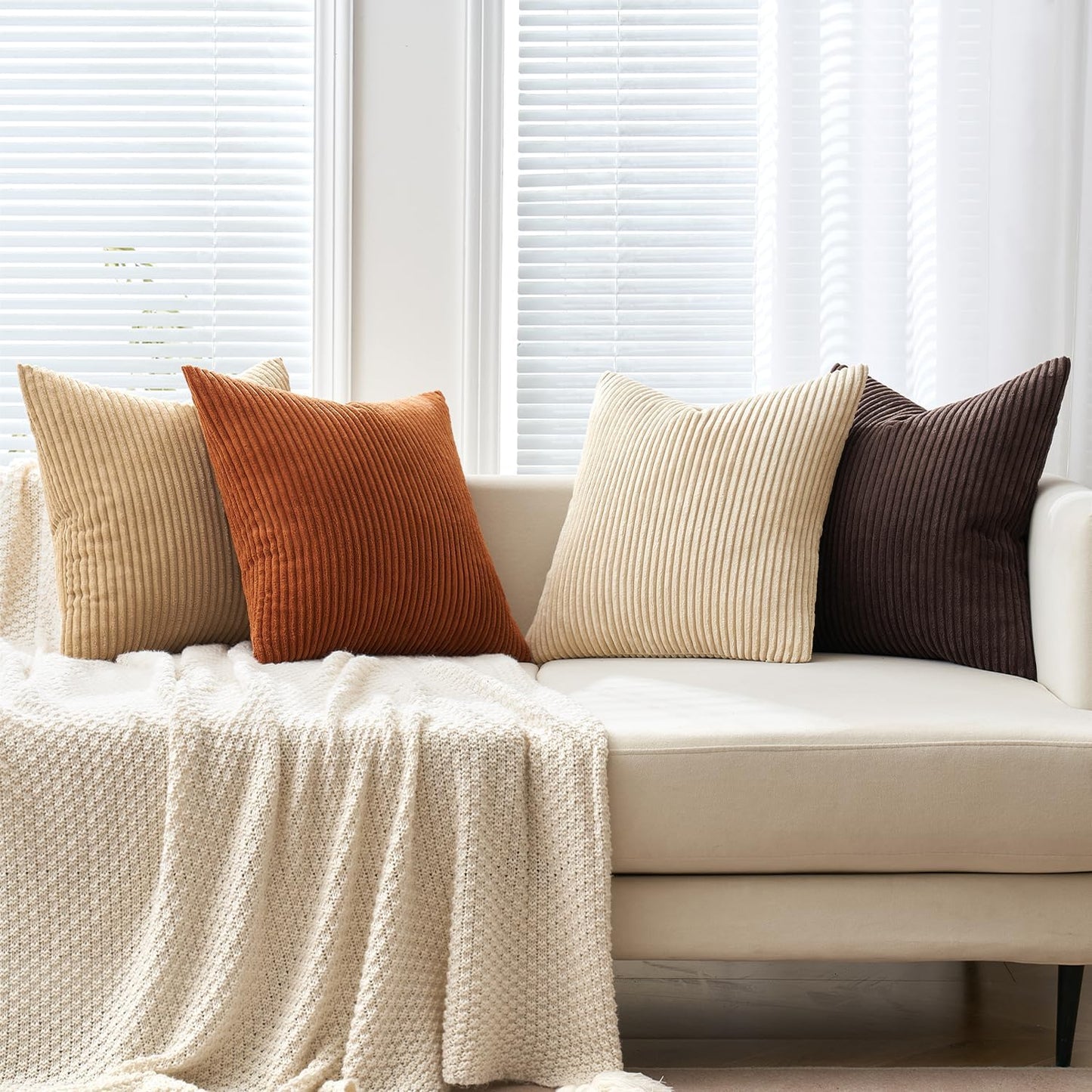 MIULEE Boho Farmhouse Throw Pillow Covers 18x18 Inch Set of 4 Rustic Mordern Neutral Cushion Covers Soft Corduroy Nordic Home Decor for Couch Bed Sofa Living Room Brown-Beige