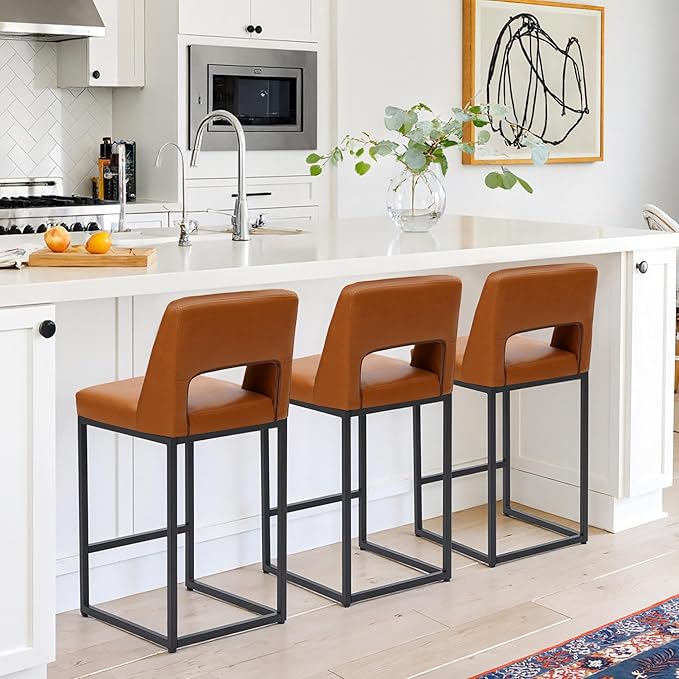 Counter Height Brown Bar Stools Set of 3 for Kitchen Counter Modern Bar Chairs with Backs for Kitchen Island with Upholstered Faux Leather Seat and Metal Frame, 24 Inch
