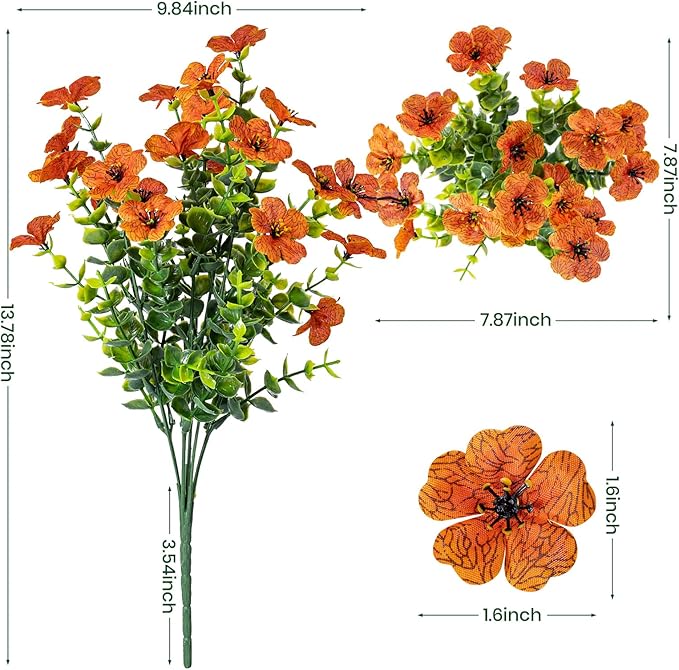 20 Bundles Artificial Flowers for Outdoor Fake Plants for Spring Decoration,Faux Eucalyptus Flowers for Planter UV Resistant Lifelike for Home Porch Garden（Orange）