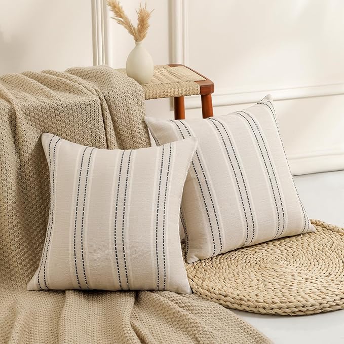 Hckot Hand Made Throw Pillow Covers 16x16 Set of 2 Striped Pillow Covers Textured Linen Decorative Pillows Square Cushion Covers for Sofa Couch Bed Living Room Farmhouse Decor