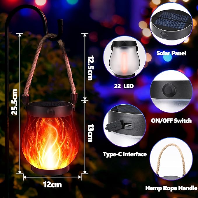 Christmas Solar Flame Lantern Hanging Outdoor Waterproof Purple - 2 Pack Flame Lanterns with Dual Charging Modes of Solar & USB for Garden or Yard Decorations (Red - 2 Pack)