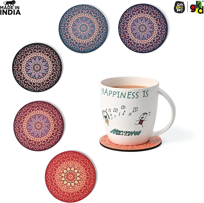 GKD Wooden Coasters for Drinks, MDF Mandala Coasters Set of 6 with Holder, 3.5 inches Eco-Friendly Absorbent Coaster for Coffee Table, Bar, Drinking Glasses, Tabletop Protection