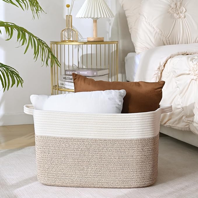 Large Blanket Basket, 60 L Rectangle Storage Baskets for Organizing, Woven Laundry Basket for Blankets, Cotton rope Blanket Storage for Living Room, Nursery Room, Brown