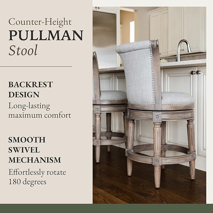 Maven Lane Pullman Counter Stool 26 Inches – Swivel Stool with Footrest – Grey Solid Wood Frame & Grey Fabric Upholstery – Perfect for Kitchen Islands & Counters