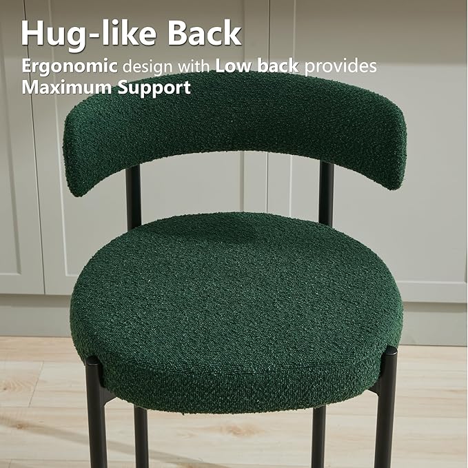 24'' Boucle Bar Stools Set of 2, Green Bar Stools with Backs, Counter Height Bar Height Stools for Kitchen Island, Upholstered Bar Chairs