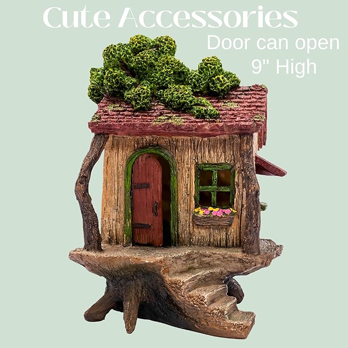 PRETMANNS Fairy House Kit - Fairy Garden Accessories for Outdoor Miniature Village Decor, with Three Fairies - House, 9’ High & Door can Open Wide - 4 Piece Supplies