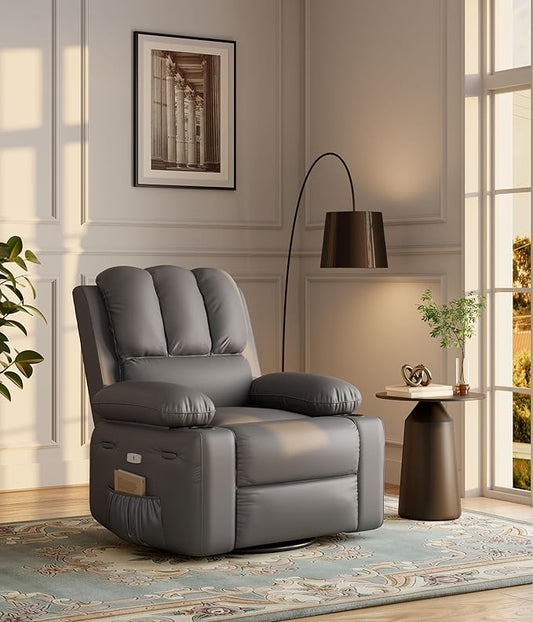27" Oversized Power Recliner Chair, Faux Leather Rocking Chair with Heat & Massage, 360° Swivel Modern Electric Recliner with Cup Holder ＆ USB Charging for Living Room, Bedroom, Nursery - Grey