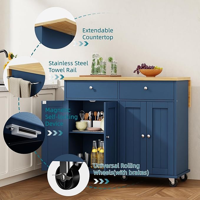 Shintenchi Kitchen Island with Drop Leaf, Rolling Kitchen Cart with Storage on Wheels, Table Bar Cart for Kitchen with Towel Rack & Seating Area for Dining Room, Blue