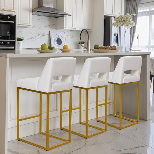 White and Gold Counter Height Bar Stools Set of 3 for Kitchen Counter Modern Bar Chairs with Backs for Kitchen Island with Upholstered Faux Leather Seat and Metal Frame, 26 Inch