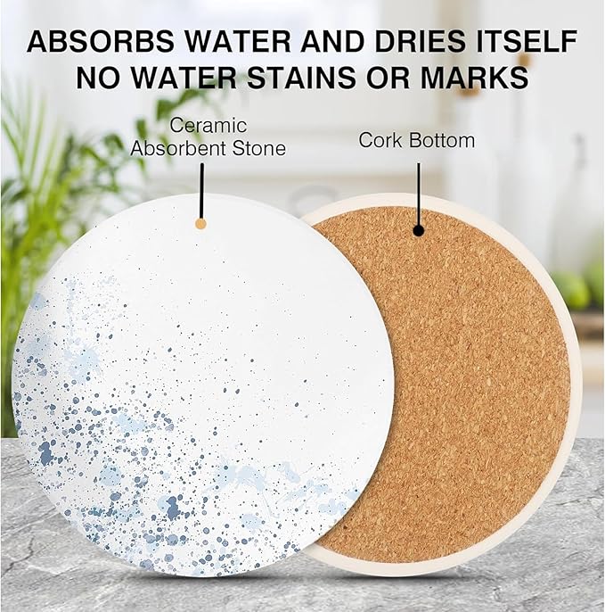 Drink Stone Coasters Set of 2 -Round Marble Style Desk Coasters with Non-Slip Cork Backing, Cute Coffee Desk Coaster for Office, Home Decor, Housewarming #2PACK (Starry Ink)