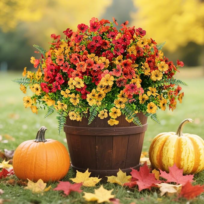 Artificial Faux Plants Flowers Outdoor Decoration,18 Bundles Fake Silk Colorful Daisy Eucalyptus Realistic UV Resistant for Outside Home Planter Porch Patio Yard Decor (Yellow Red)