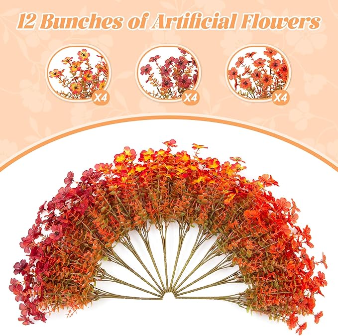 Fall Mums Artificial Flowers for Outdoors Potted, Fake Fall Daisy Flower with Realistic Eucalyptus Leaves, Fake Plants for Greenery Boxwood Porch Patio Garden Pot Courtyard Lawn, 12 Bundles