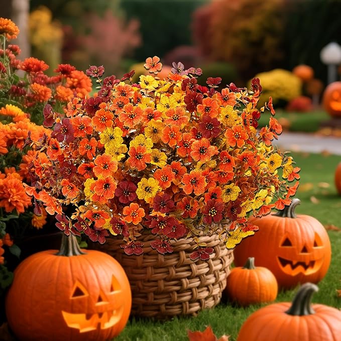 Artificial Mums Fall Fake Flowers for Outdoors, 12 Bundles Faux Mums for Outdoor Planters Autumn Decorations,UV Resistant Silk Flowers for Outside Front Porch Patio Home Decor(B-Orange Yellow Brown)