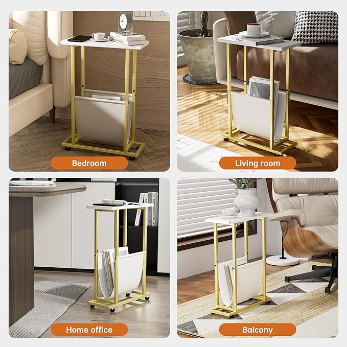 Narrow Side Table with PU Leather Magazine Holder Modern Slim Little Thin Table for Living Room, Bedroom, Sofa, White