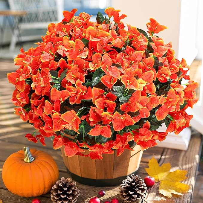 Ivydale Artificial Fall Flowers for Outdoors, 4 Bundles Fake Bougainvillea Flower Realistic Silk Flowers for Outside, Faux Fall Flowers for Outdoor Planters Patio Porch Home Decorations, Orange