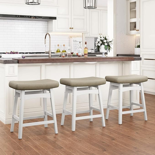 PHI VILLA Bar Stools Set of 3,Solid Wood Legs Counter Height Barstools with Upholstered Saddle Seat, 24 inch Kitchen Counter Island Stools