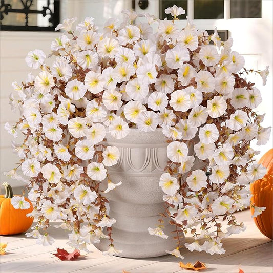 Ivydale 2 PCS Artificial Fall Hanging Flowers Fake Petunias Outdoor, Silk Faux Morning Glory Flowers with Eucalyptus Leaves,UV Resistant Realistic Mums Plants Vines for Home Garden Decor (White)