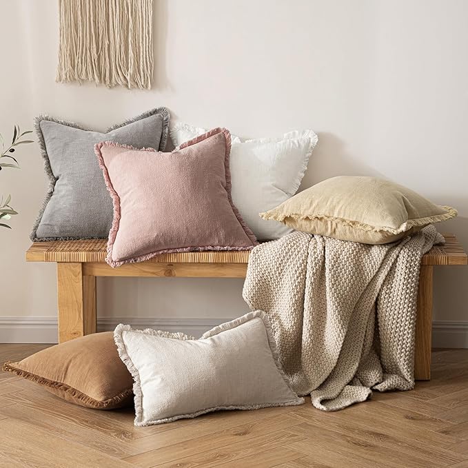 MIULEE Christmas Decorative Throw Pillow Covers Neutral Linen Fringe Throw Pillows Euro Shams Set of 2 White Boho Farmhouse Cushion Covers for Couch Sofa Bed Living Room Spring Home Decor 26x26 Inch