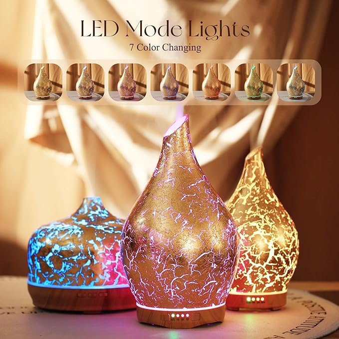 Porseme 280ml Essential Oil Diffuser, 3D Glass Aromatherapy Diffusor, Ultrasonic Cool Mist BPA Free Aroma Humidifier with Timer and Color Changing Function, Waterless Shut-Off for Home Office Room