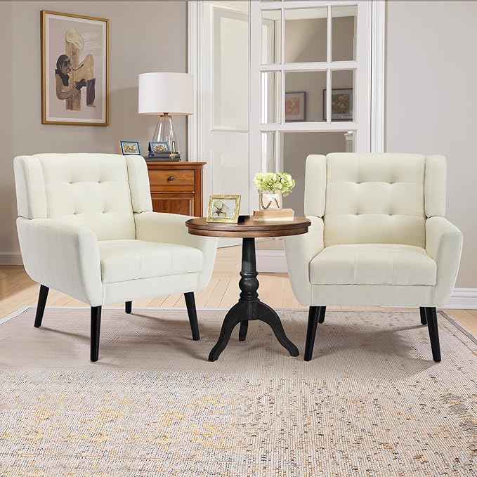 NicBex Accent Chair Set of 2, Modern Chair for Living Room Upholstered Foam Filled Living Room Chairs with Metal Legs Linen Cozy Lounge Armchair for Living Room Bedroom,White