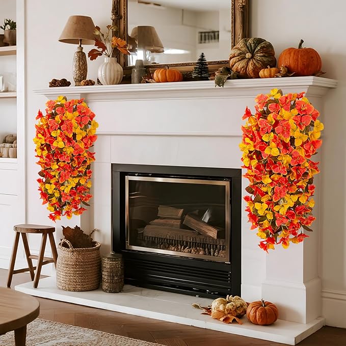 2 pcs Artificial Faux Bougainvillea Fall Flowers Plants for Outdoor Outside Decoration, Fake Silk UV Resistant Long Trailing Vines for Front Door Porch Planter Balcony Decor