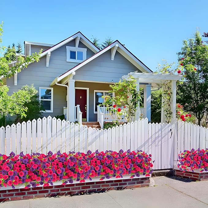 Artificial Flowers for Outdoors Decoration, 10 Bundles Fake Plastic Flower Plant, Faux Colorful Silk Morning Glory Petunias for Outside Garden Porch Front Door Decor, Rose Purple